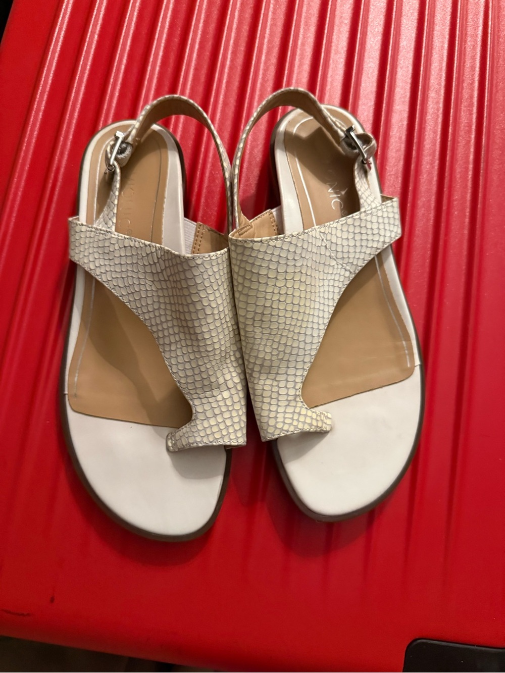 Vionic Cream Snake-Texture T-Strap Slingback Sandals